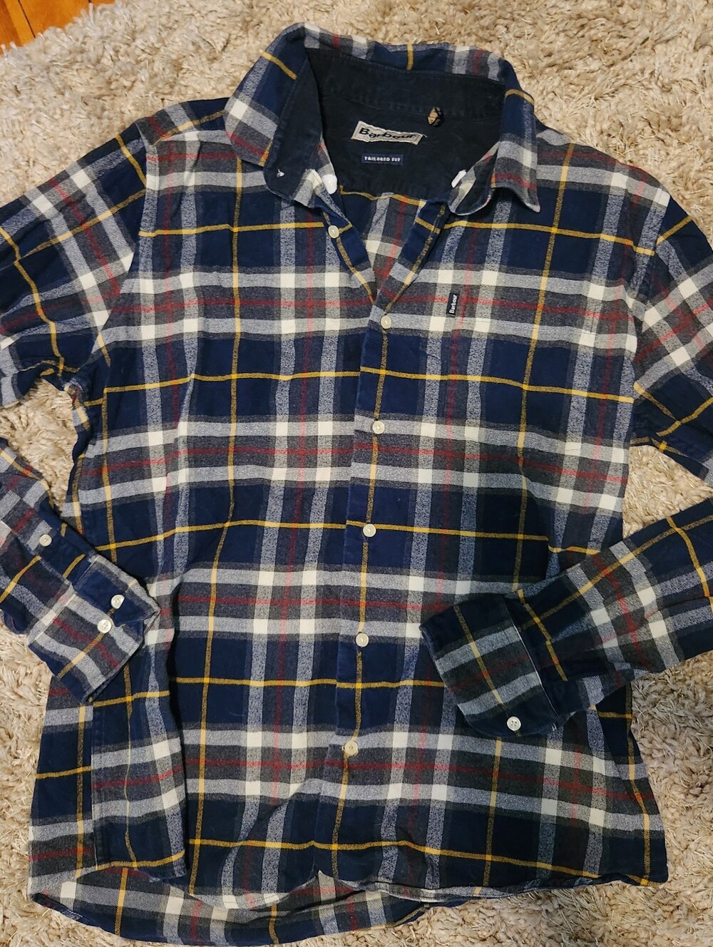 Barbour Navy, White & Red Plaid Button-Down Flannel Shirt - Picture 3 of 6